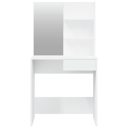 Dressing table with mirror in white, featuring asymmetrical design and shelves, perfect for beauty routines.