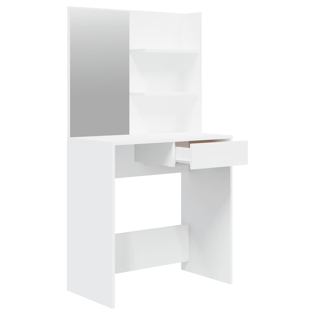 Dressing table with mirror in white, 74.5x40x141 cm, featuring shelves and drawer for stylish storage and daily beauty routines.