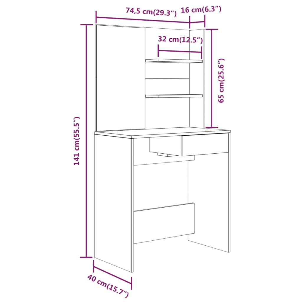 Dressing table dimensions: 74.5x40x141 cm, featuring shelves and drawers, designed for style and utility in any space.