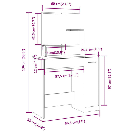 Dressing Table with Mirror Sonoma Oak 86.5x35x136 cm