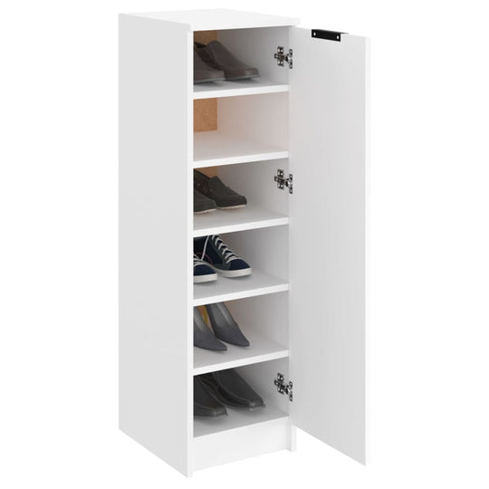 White shoe cabinet made of engineered wood with multiple shelves for organized storage, 30x35x100 cm.