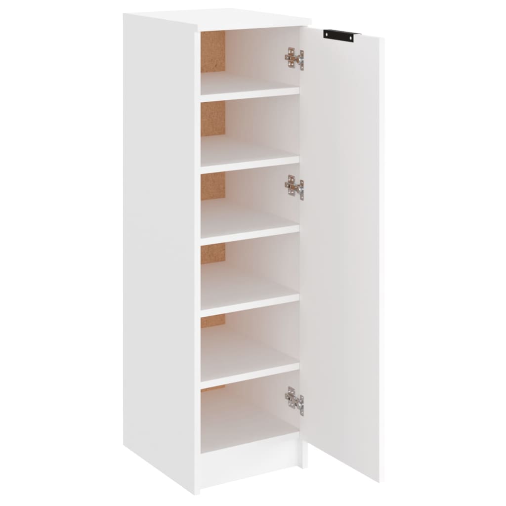 White shoe cabinet with five shelves and a door, made from engineered wood, ideal for organizing shoes.