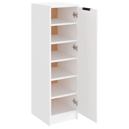 White shoe cabinet with five shelves and a door, made from engineered wood, ideal for organizing shoes.