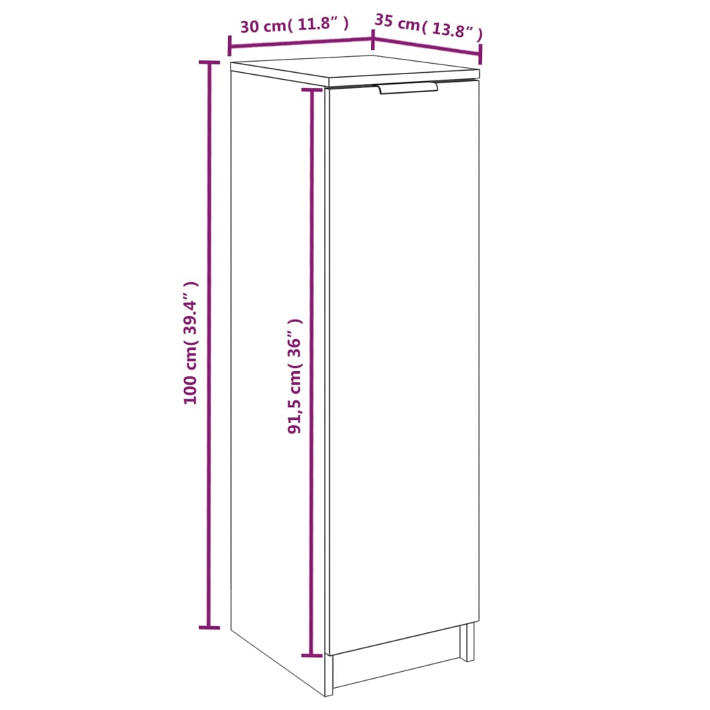 Shoe cabinet dimensions: 30x35x100 cm with smooth surface and sturdy engineered wood construction.