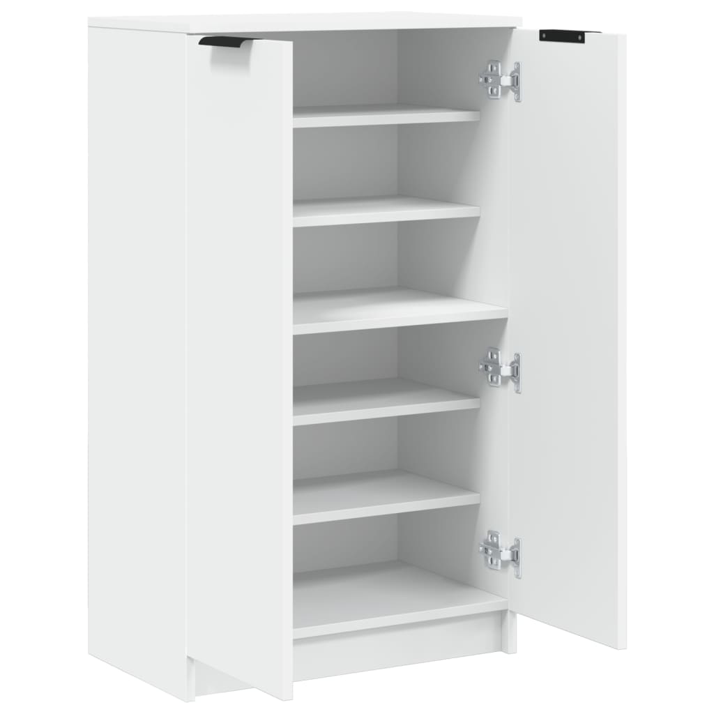 White shoe cabinet with spacious shelves and doors for organized storage, made from durable engineered wood.