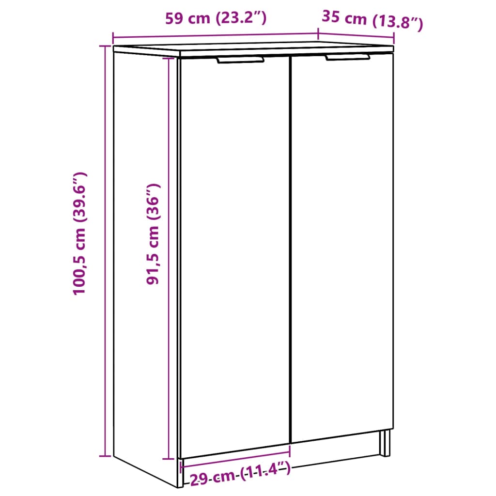 Shoe cabinet dimensions: 59x35x100 cm, engineered wood design with ample storage and sleek modern style.