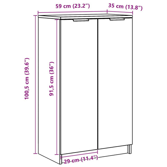 Shoe cabinet dimensions: 59x35x100 cm, engineered wood design with ample storage and sleek modern style.