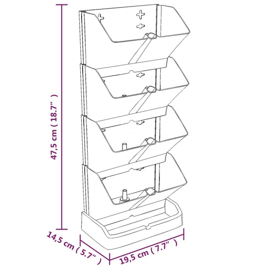 Diagram of a vertical garden plant set with four polypropylene planters, showing dimensions and stacking layout for optimal plant space.