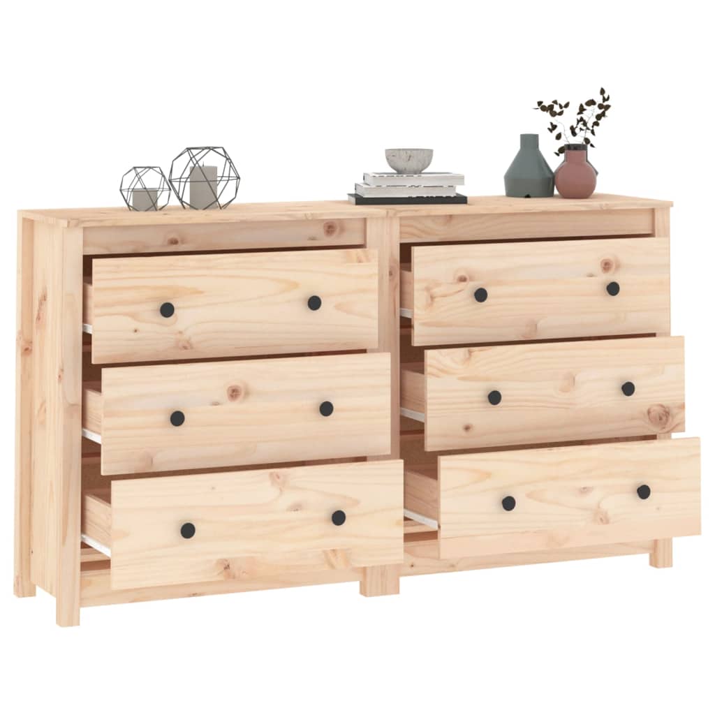 Solid wood pine sideboard with six drawers, geometric decor, and a rustic finish, ideal for living room storage.