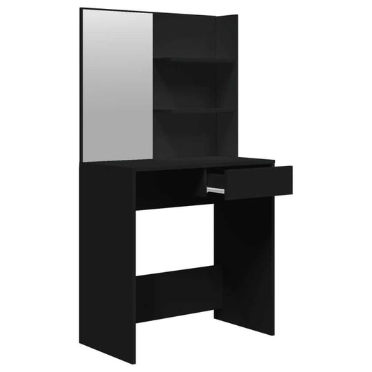 Black dressing table set with mirror and shelves, perfect for bedroom decor and storing cosmetics.