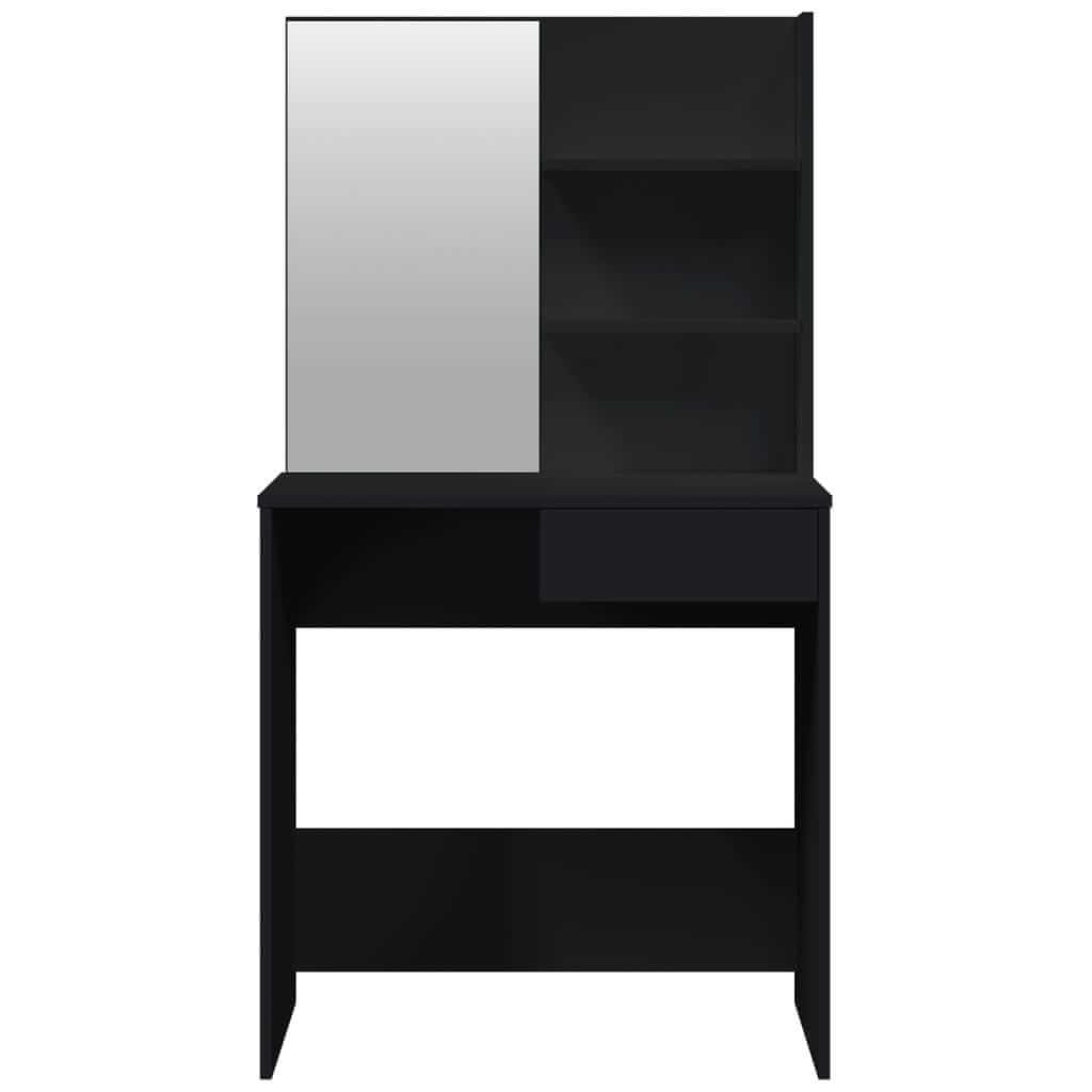 Black dressing table set with mirror and shelves, perfect for bedroom decor and storage solutions. Stylish and functional furniture.