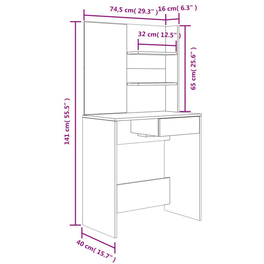 Dressing table set dimensions showing height 141 cm, width 74.5 cm, and depth 40 cm for bedroom furniture.