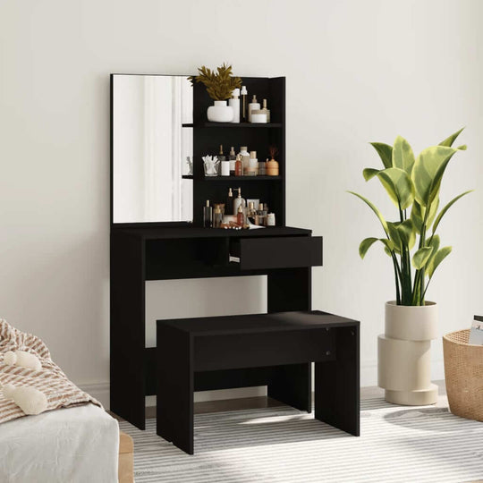 Black dressing table set with mirror and storage shelves, perfect for stylish bedroom decor and cosmetics organization.