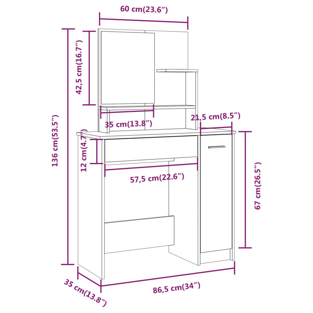 Dressing Table Set Sonoma Oak 86.5x35x136 cm