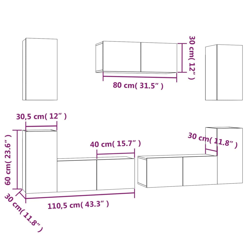 7 Piece TV Cabinet Set Black Engineered Wood