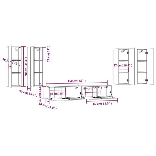 6 Piece TV Cabinet Set Black Engineered Wood