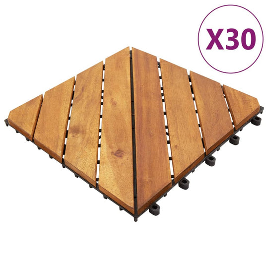 Brown solid wood acacia decking tile set with 30 pieces, perfect for outdoor furniture and garden pathways.