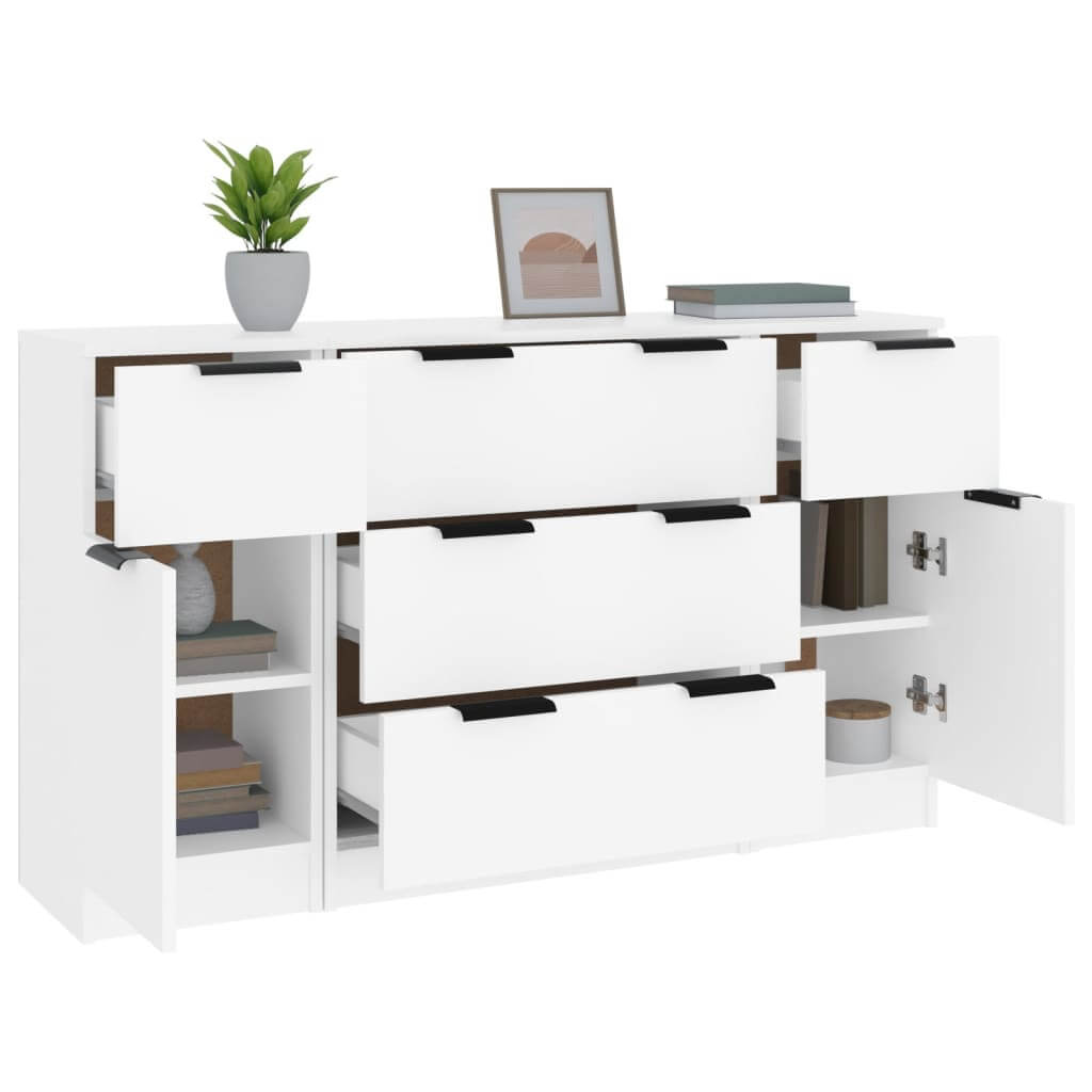 3 piece white engineered wood sideboard set with multiple drawers and shelves, ideal for storage and minimalist decor.