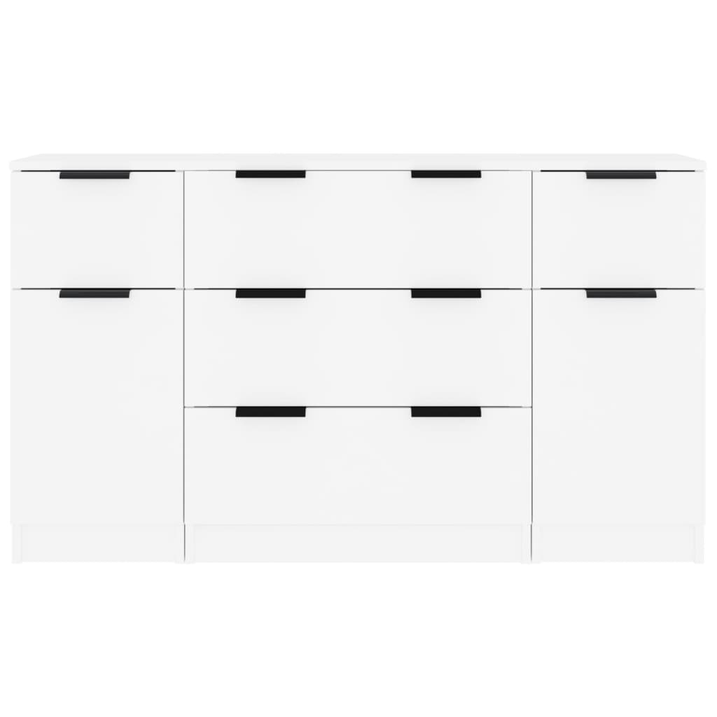 3 Piece White Engineered Wood Sideboard Set with Minimalist Design and Black Handles for Ample Storage