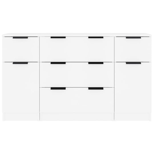 3 Piece White Engineered Wood Sideboard Set with Minimalist Design and Black Handles for Ample Storage