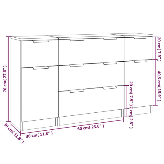 Diagram of a white engineered wood sideboard with dimensions for easy reference and storage capacity.