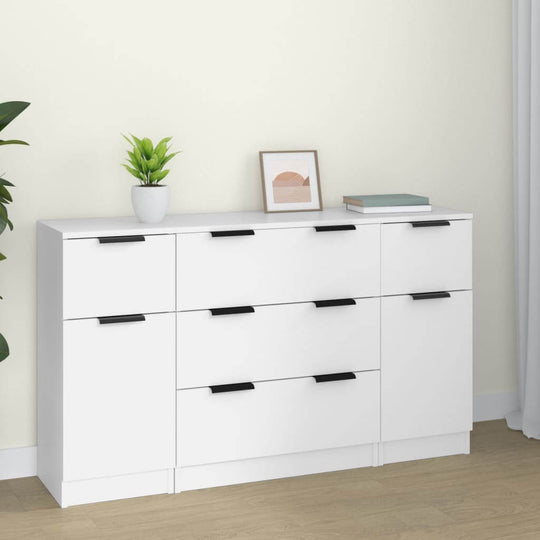 Modern white engineered wood sideboard with ample storage, minimalist design, and smooth surface for easy cleaning.