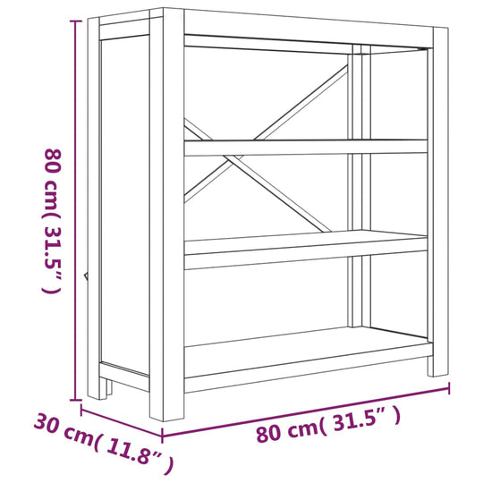Diagram of 3-Tier Bookcase 80x30x80 cm Solid Wood Acacia with dimensions labeled in cm and inches.