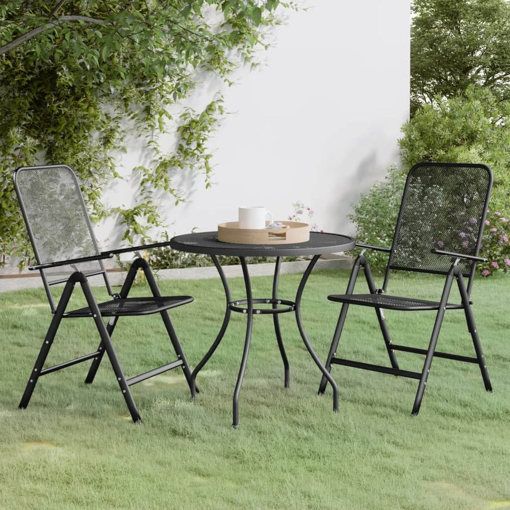 3-piece garden dining set with expanded metal mesh chairs and round table on a lawn, ideal for outdoor dining and patio spaces.