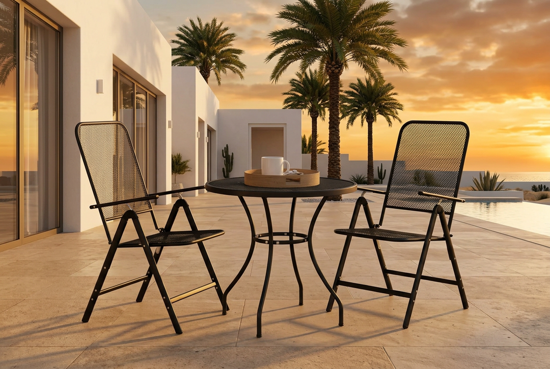  3-piece garden dining set with expanded metal mesh chairs and round table on a lawn, ideal for outdoor dining and patio spaces.