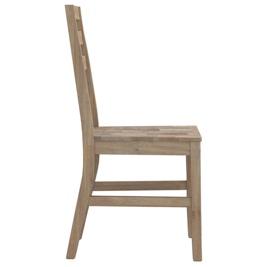 Side view of a solid acacia wood dining chair showcasing its sturdy design and natural finish.