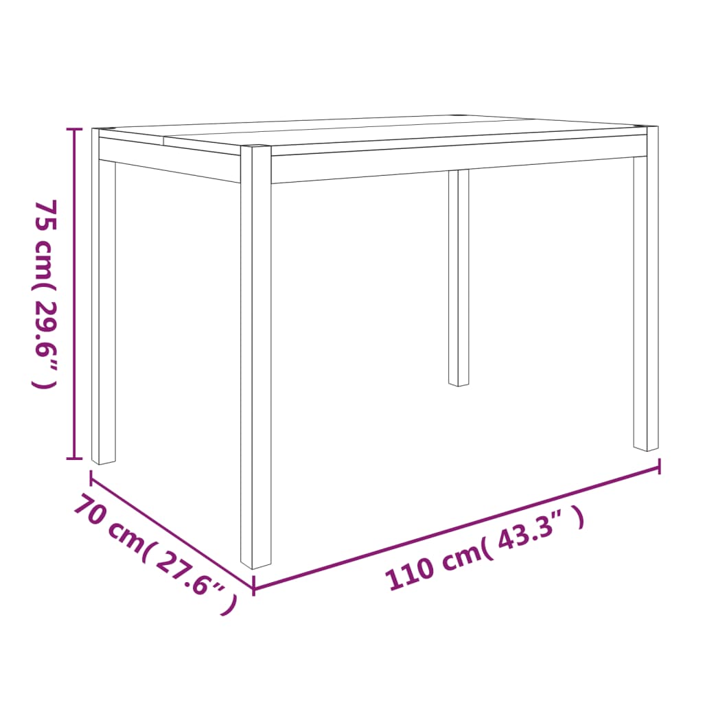 Diagram of solid wood dining table dimensions: 75 cm height, 70 cm width, 110 cm length, showcasing modern design.