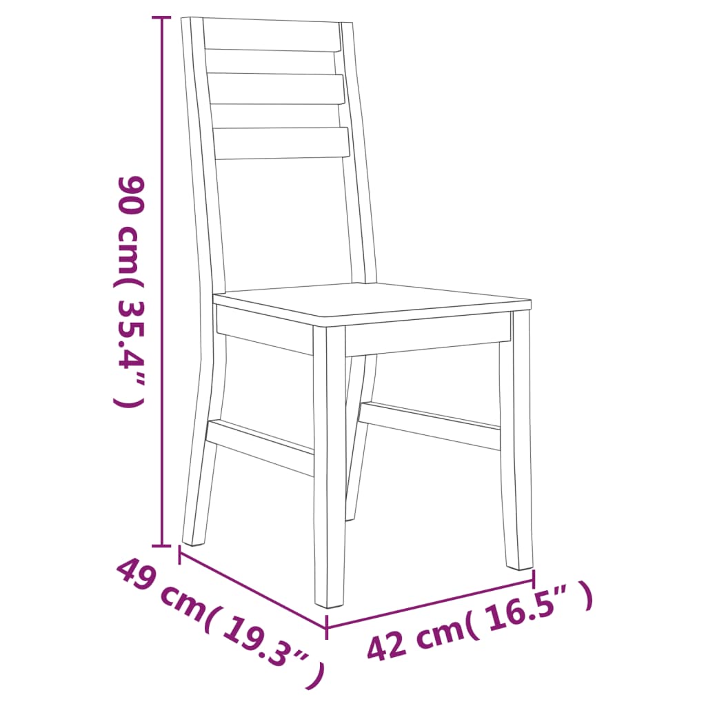 Diagram of a dining chair dimensions: height 90 cm, width 49 cm, depth 42 cm, showcasing its solid wood design.