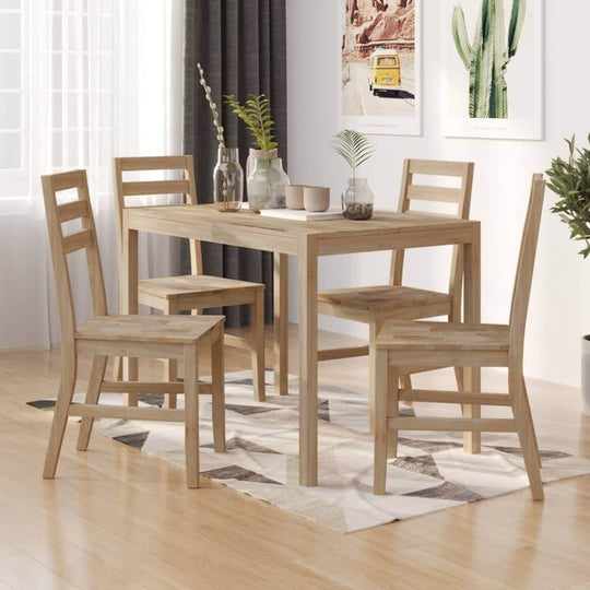 5 piece solid wood acacia dining set with spacious table and sturdy chairs in a modern home interior.