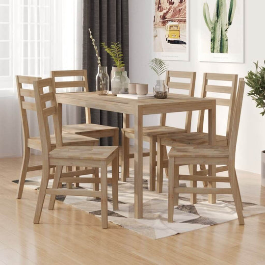 Modern 7 piece dining set made of solid acacia wood with sturdy frame and spacious tabletop in a bright interior setting.