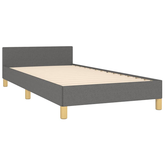 Dark grey bed frame without mattress, 90x200 cm, featuring sturdy plywood slats and supportive legs for stability.