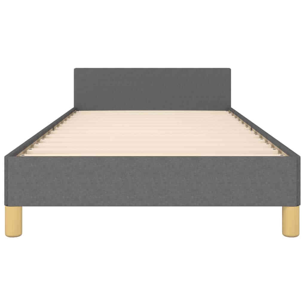 Dark grey fabric bed frame without mattress, 90x200 cm, featuring plywood slats and supportive wooden legs for stability.