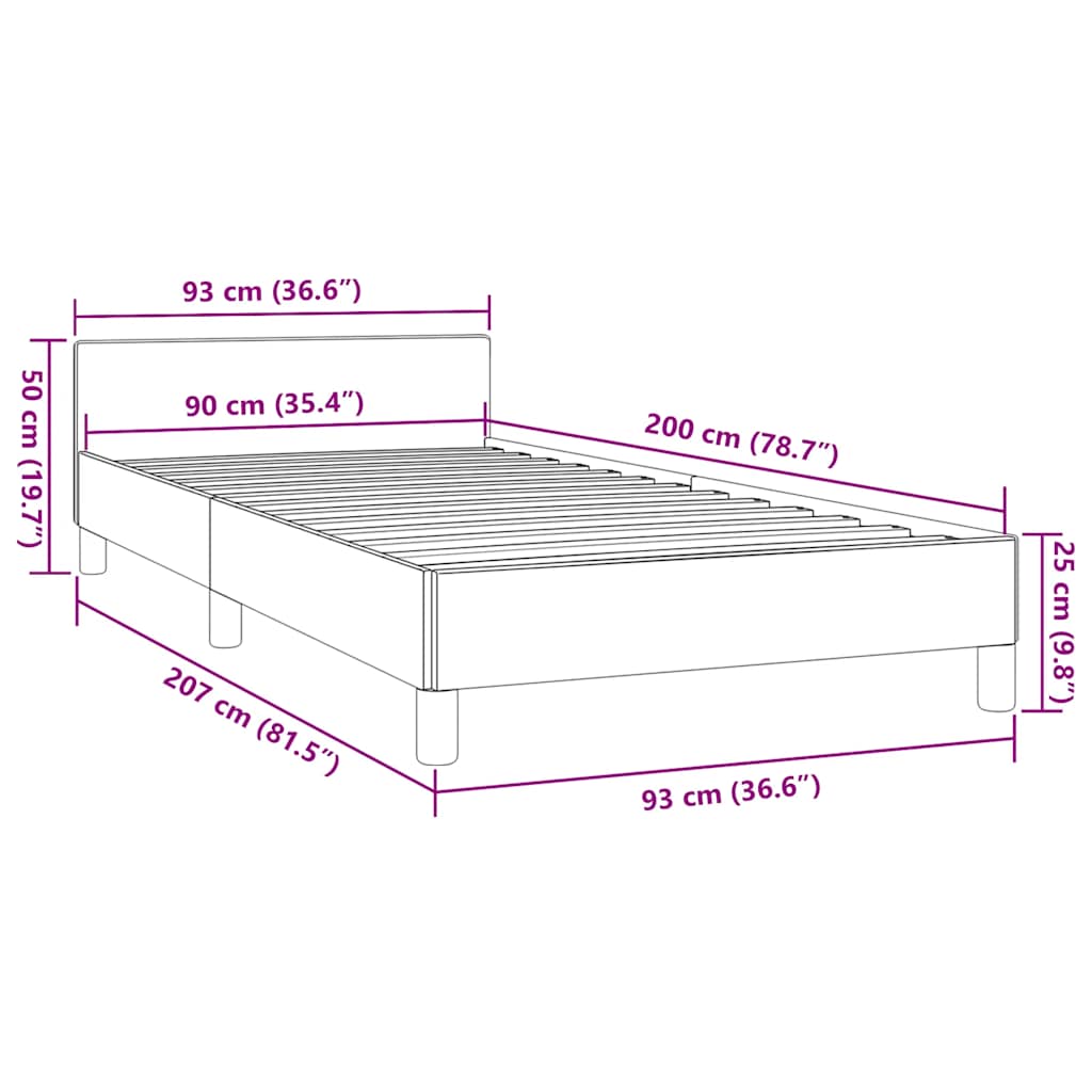 Dimensions of dark grey bed frame without mattress, 90x200 cm, showcasing length 207 cm, width 93 cm, and height 25 cm.