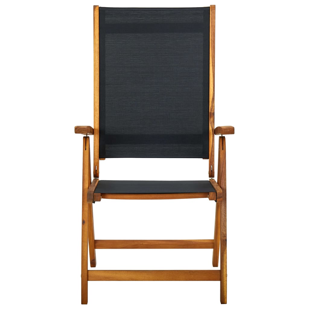 Folding garden chair made of solid acacia wood and breathable textilene, perfect for outdoor lounging and patio settings.