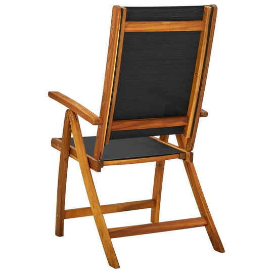 Folding garden chair made of acacia wood with breathable textilene, offering classic outdoor seating for patios and gardens.