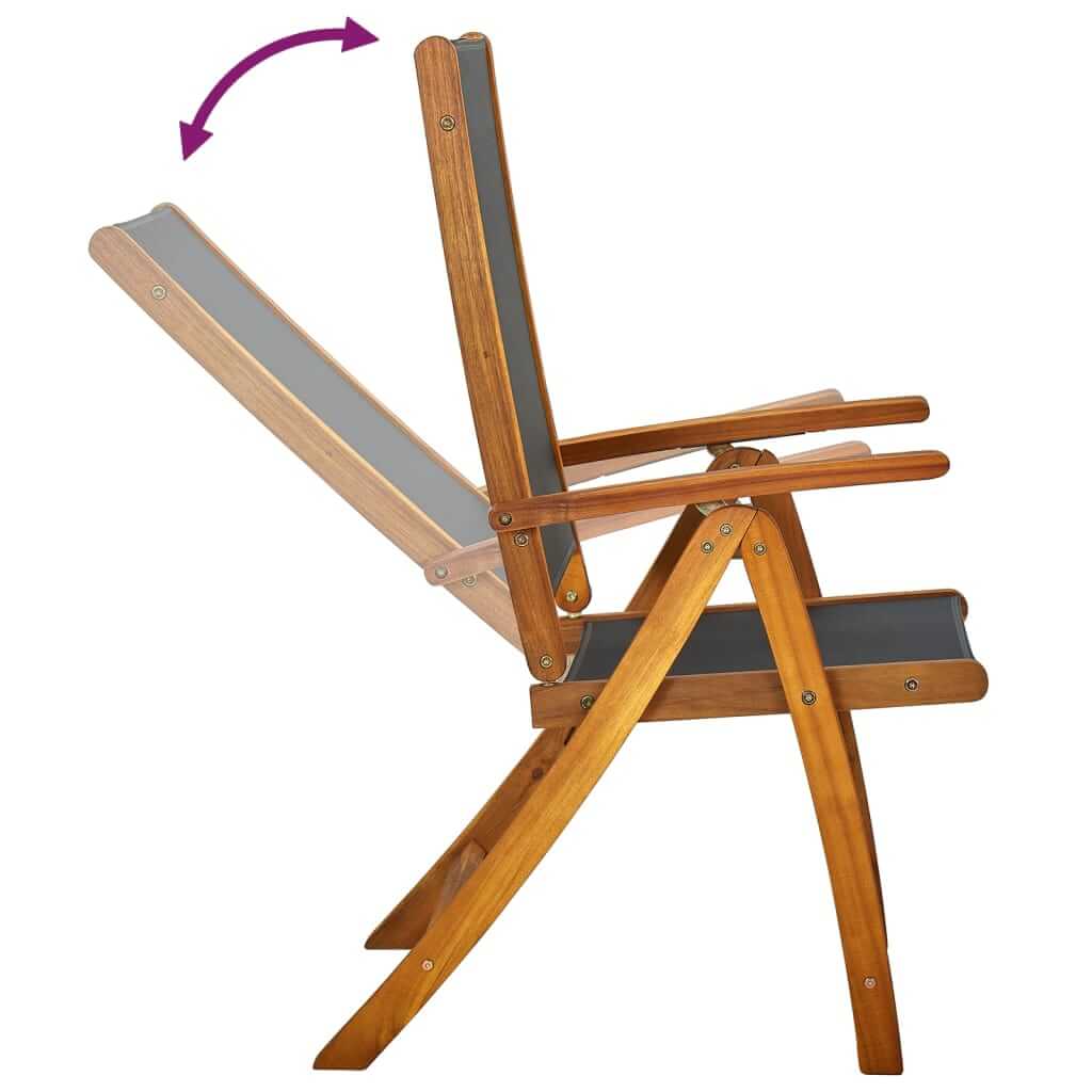 Folding garden chair in solid acacia wood with a reclining backrest, featuring breathable textilene for outdoor comfort.