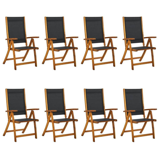 Eight folding garden chairs made of solid acacia wood and breathable textilene, perfect for outdoor furniture and lounge areas.