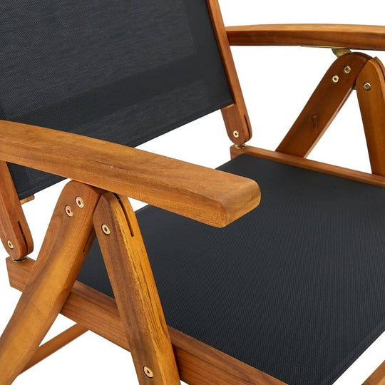 Close-up of a folding garden chair featuring solid acacia wood frame and breathable textilene seat, ideal for outdoor furniture.