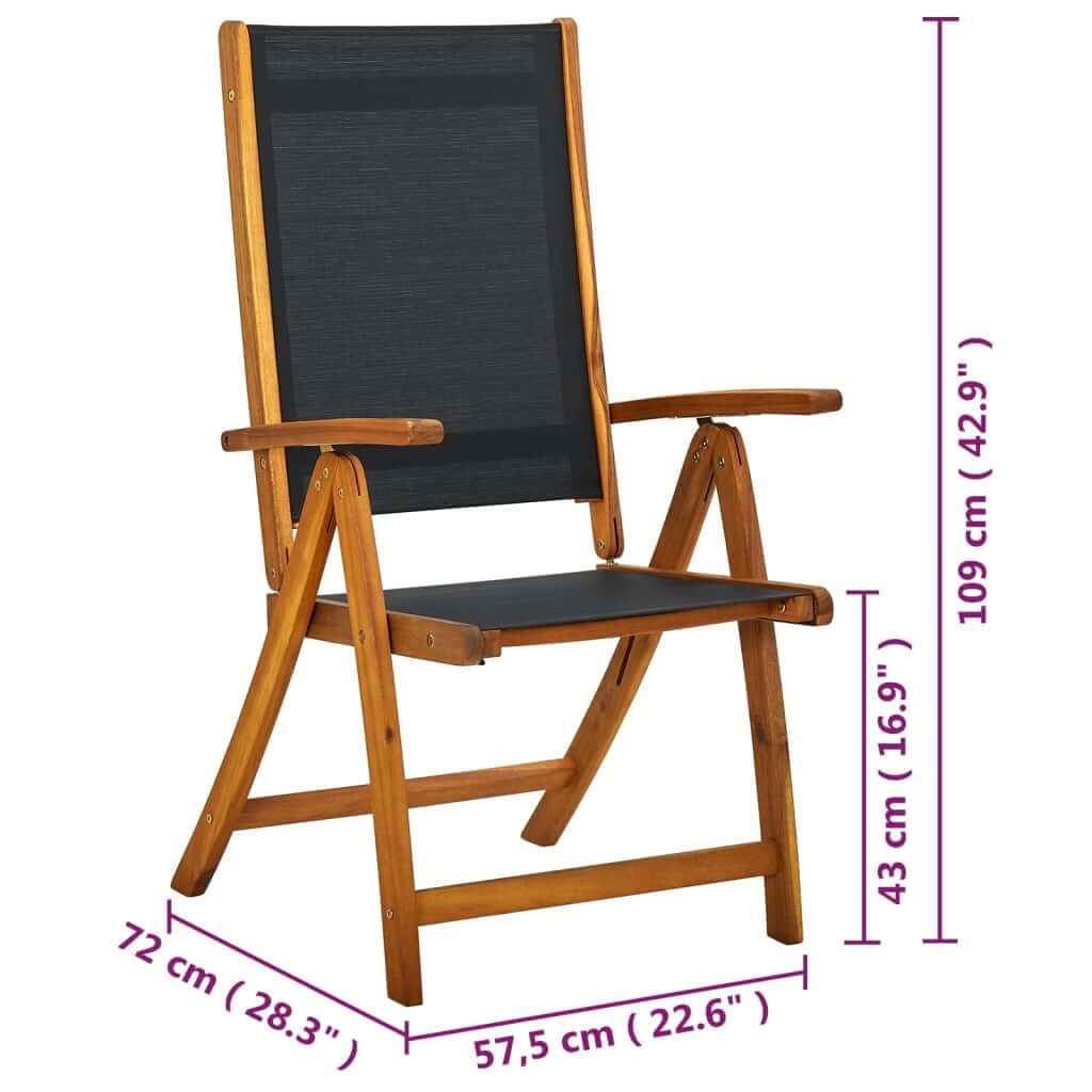 Folding garden chair made of acacia wood and textilene, featuring stylish design and dimensions for outdoor lounge furniture.