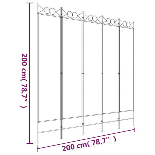 Dimensions of a 5-panel fabric room divider, 200x200 cm, showcasing its design with circular top details.