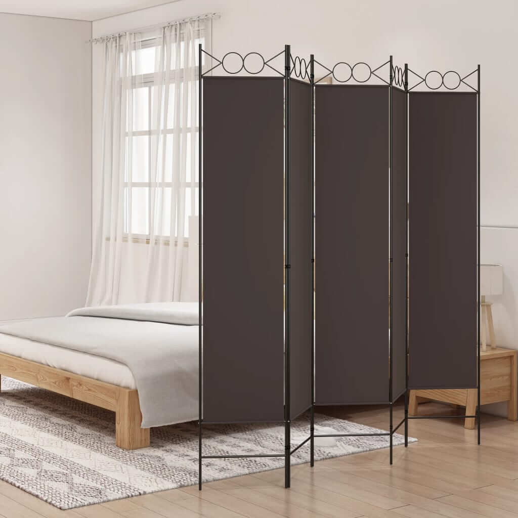 5-panel brown room divider fabric screen, ideal for privacy in bedroom or lounge spaces. Practical and stylish outdoor furniture accessory.