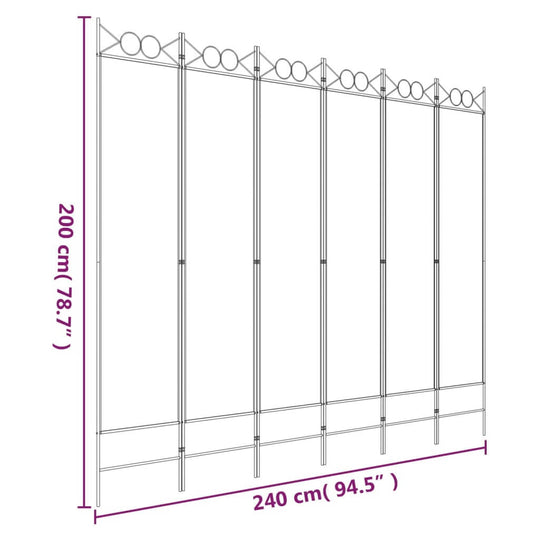 Diagram of 6-Panel Room Divider 240x200 cm Fabric, showcasing dimensions and structure for room privacy and sunlight blocking.