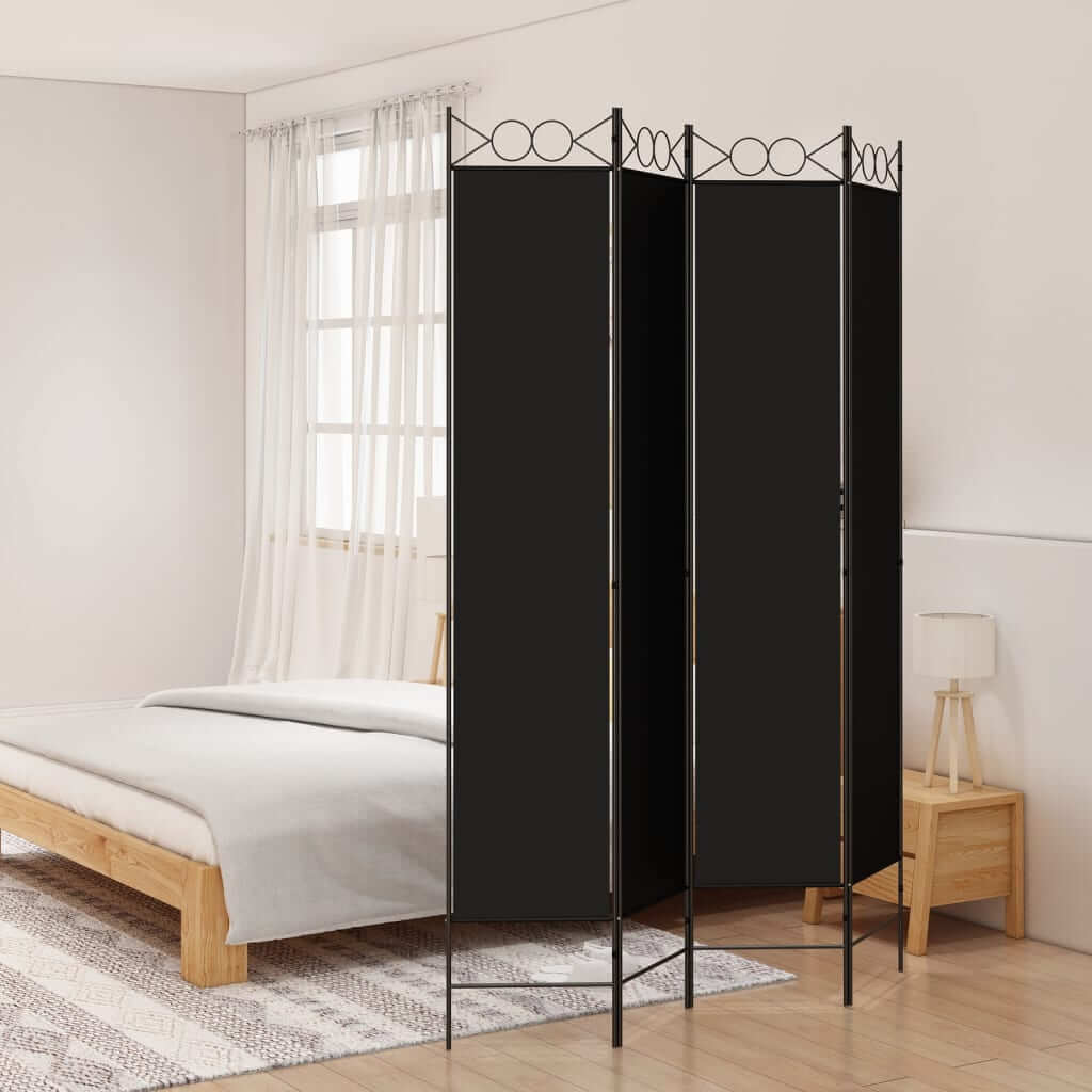 Black 4-panel room divider in a bedroom, providing privacy and style with a durable fabric design.