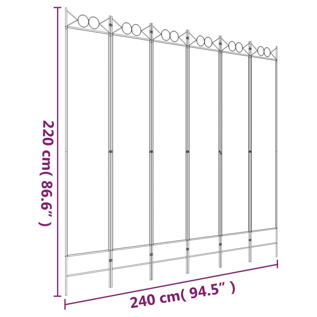 Diagram of 6-Panel Room Divider 240x220 cm Fabric showing dimensions and structure for space division and privacy.