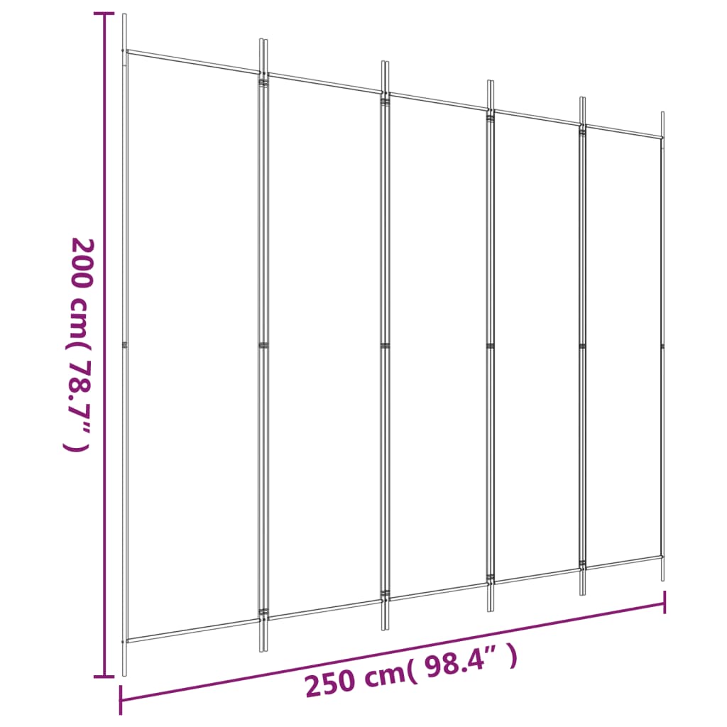 5-Panel Room Divider 250x200 cm Fabric dimensions illustration showing 250 cm width and 200 cm height.