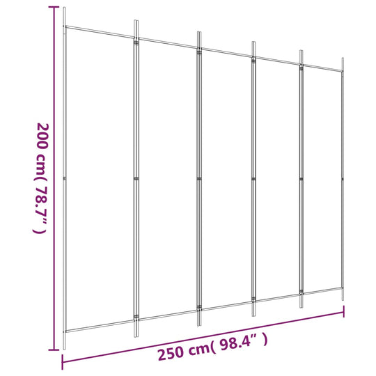 5-Panel Room Divider 250x200 cm Fabric dimensions illustration showing 250 cm width and 200 cm height.